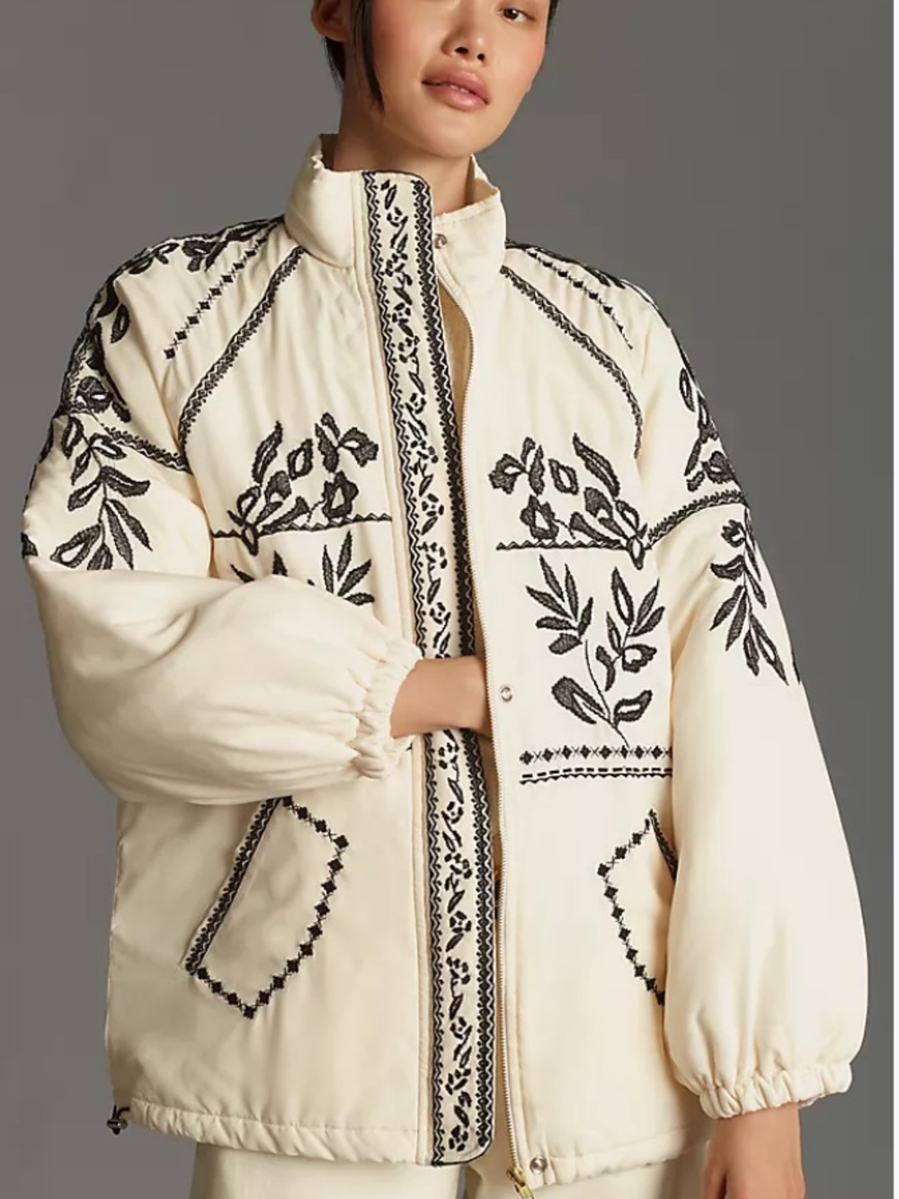 Anthropologie Embroidered Puffer Coat Oversized Size Small